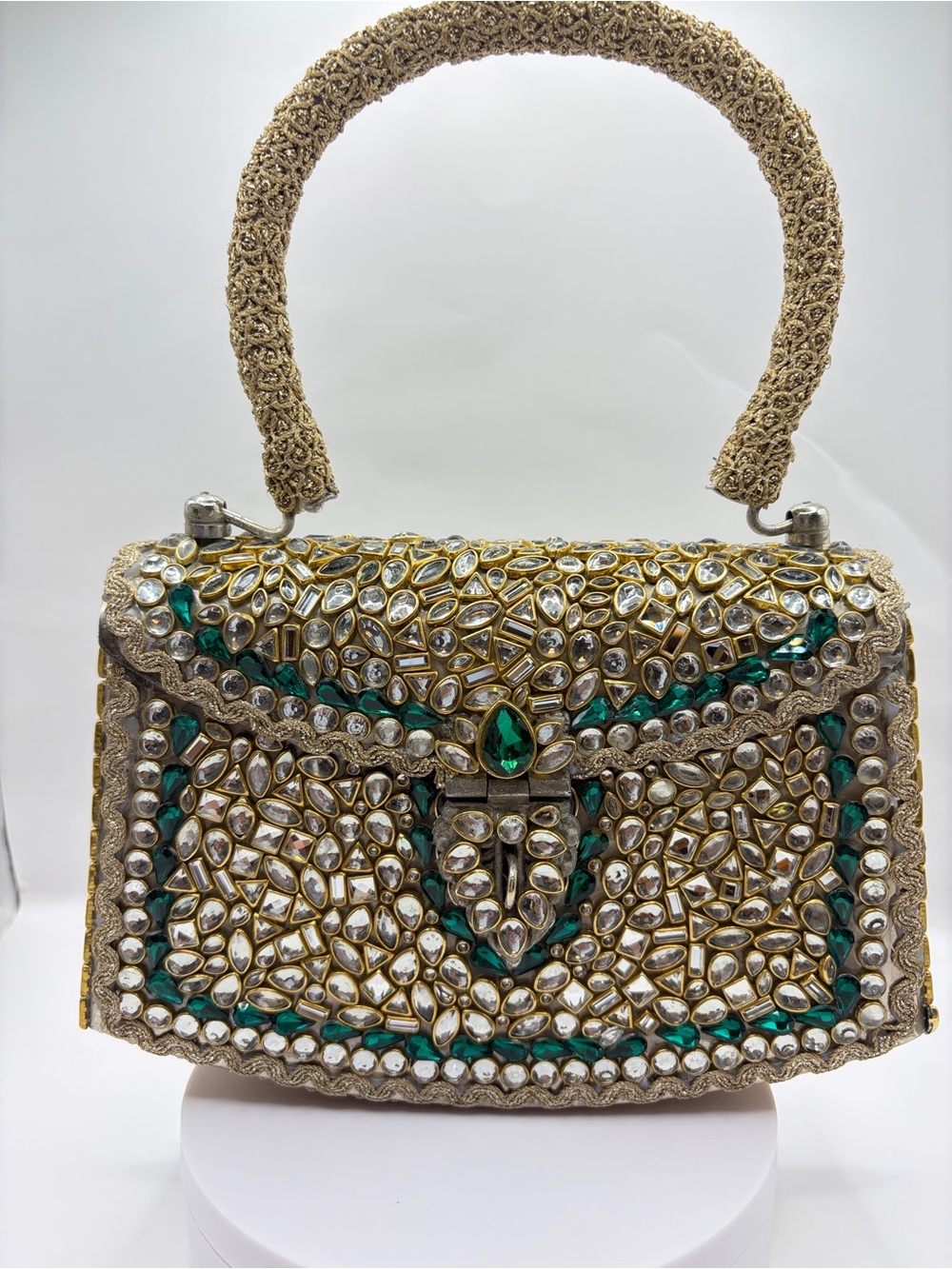 Embellished Kundan Gold and Emerald Beaded Brass Bag